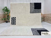Kenz - Tapis berbère sur mesure blanc et noir - Tapis Beni Ouarain géométrique