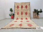 Tazan - tapis berbère 203x436 écru et rouge - tapis Beni Ouarain à losanges vintage