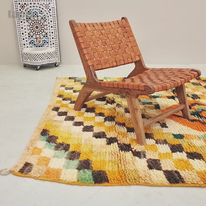 Aywa - Tapis Boujaad moutarde à carreaux - Tapis berbère vintage 180x240