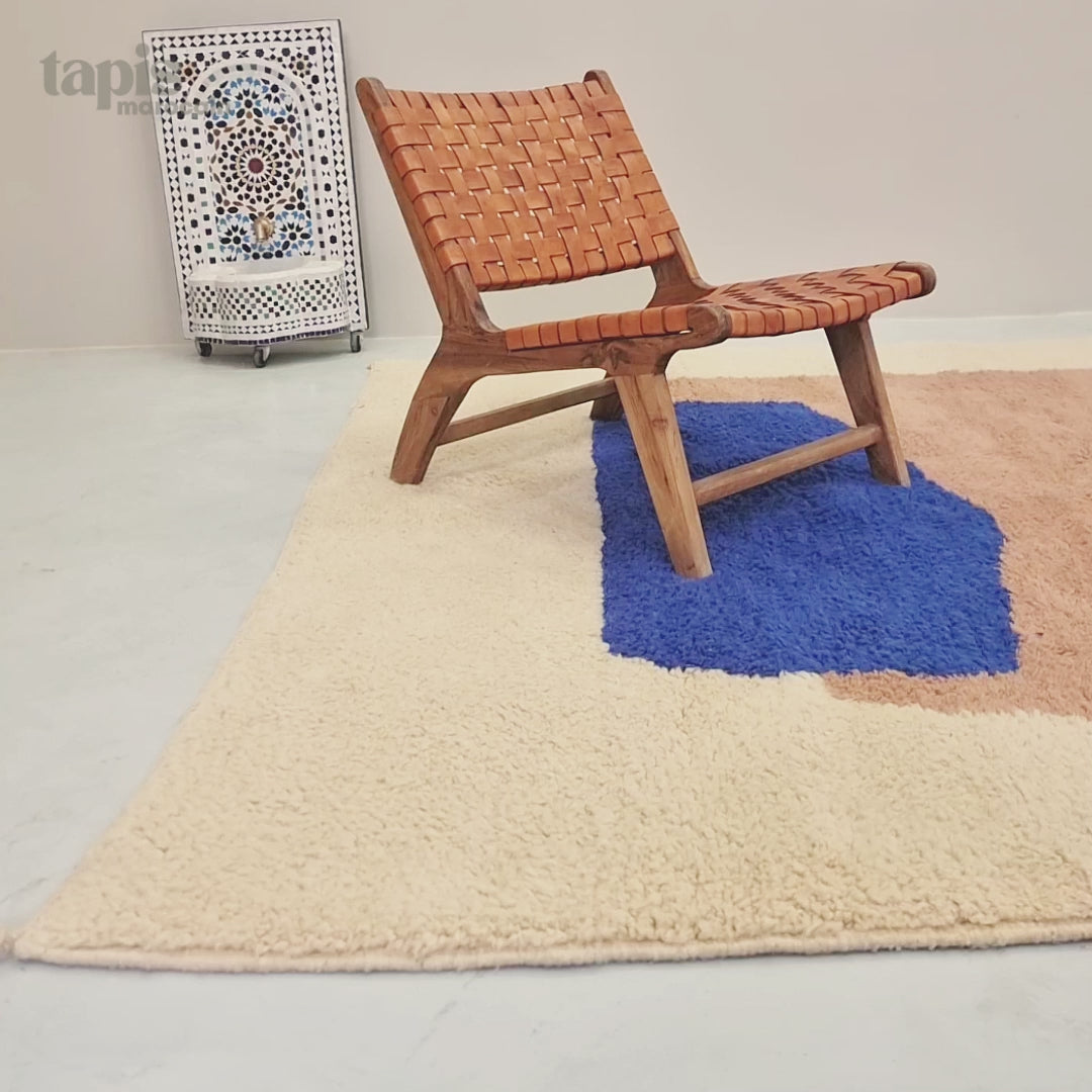 Akal - Tapis Beni Ourain abstrait - Tapis berbère en laine marron et bleu fait main