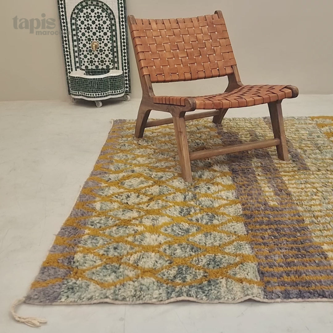 Lutsia - Tapis Beni Ourain moutarde et bleu - Tapis géométrique sur mesure