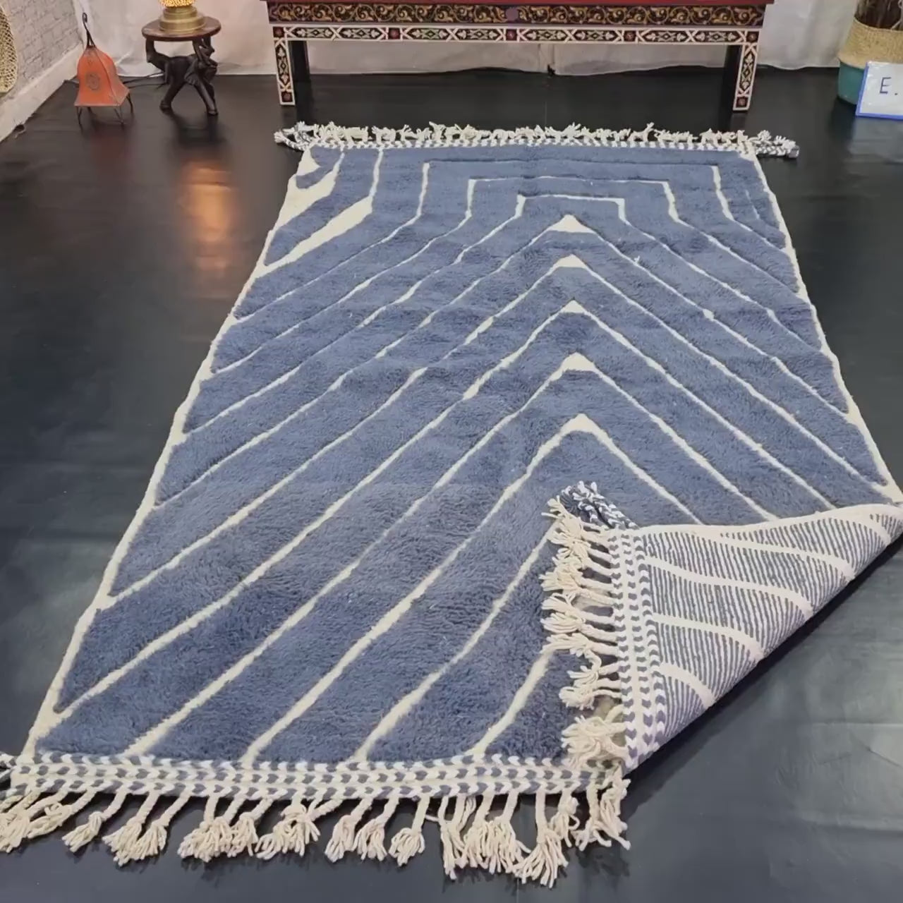 Ramas - Tapis berbère 145x166 bleu acier - Tapis Beni Ourain rayé